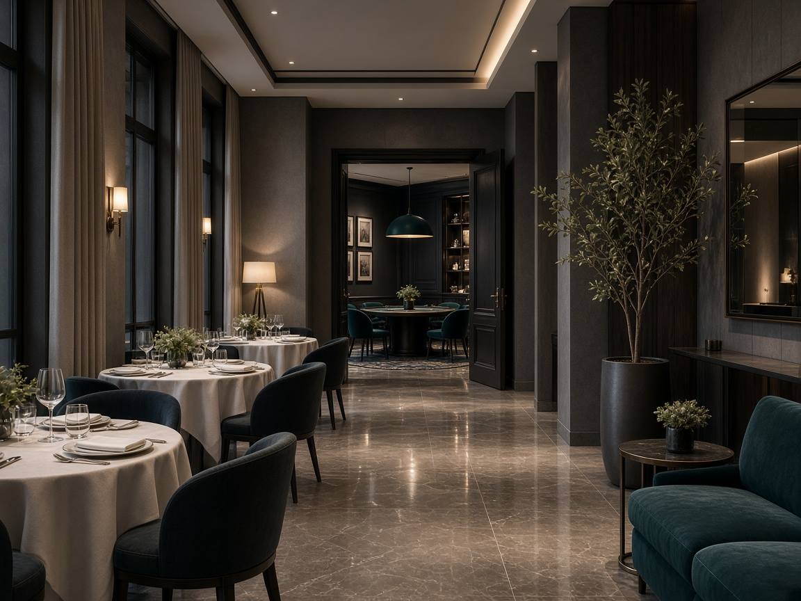 Wnętrze kompleksu hotelowo-rozrywkowego Guide Point — puste stoliki i przejście do sali gry