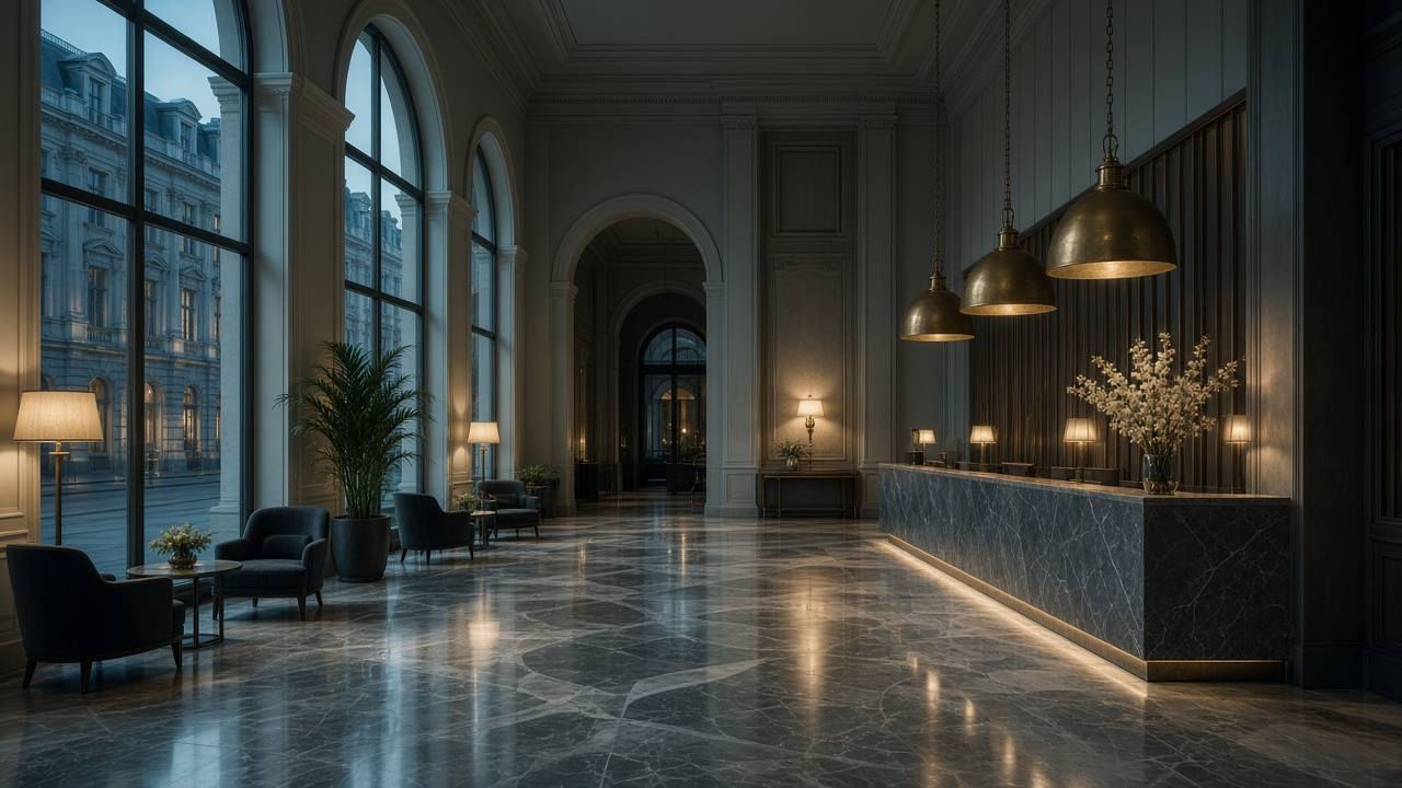 Lobby hotelowe Guide Point wieczorem — pusty hall recepcyjny